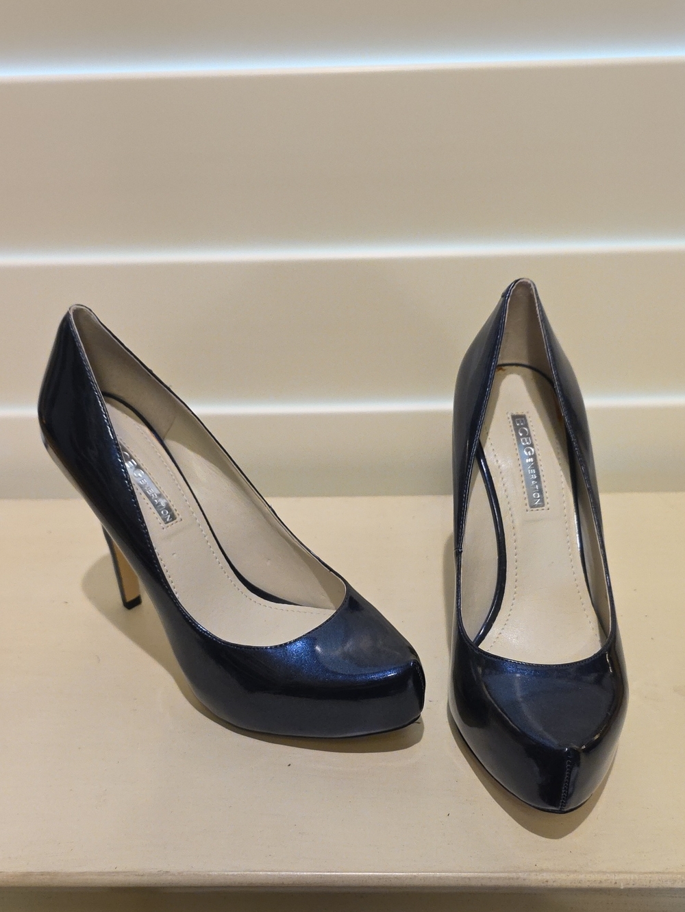 BCBGMaxAzria Navy Patent Leather Pointed-Toe Heels